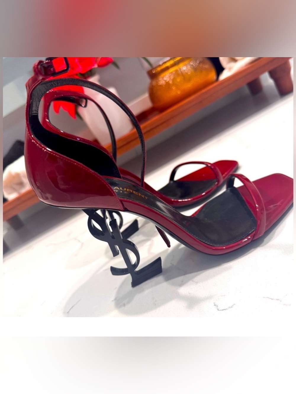 Saint Laurent Red Patent YSL Logo Heel Sandals